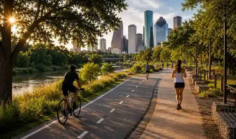 Cyclists and runners enjoying Houston's scenic bayou trails with downtown skyline views and shaded walking paths.